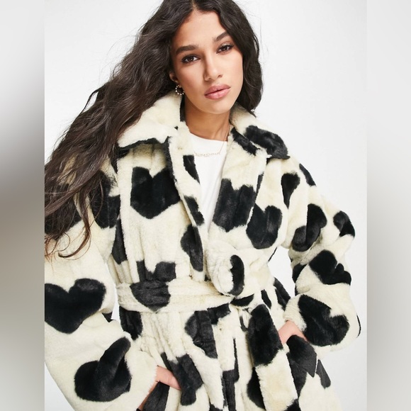 ASOS PIECES Jackets & Blazers - Pieces longline faux fur coat in black & white heart print Size S